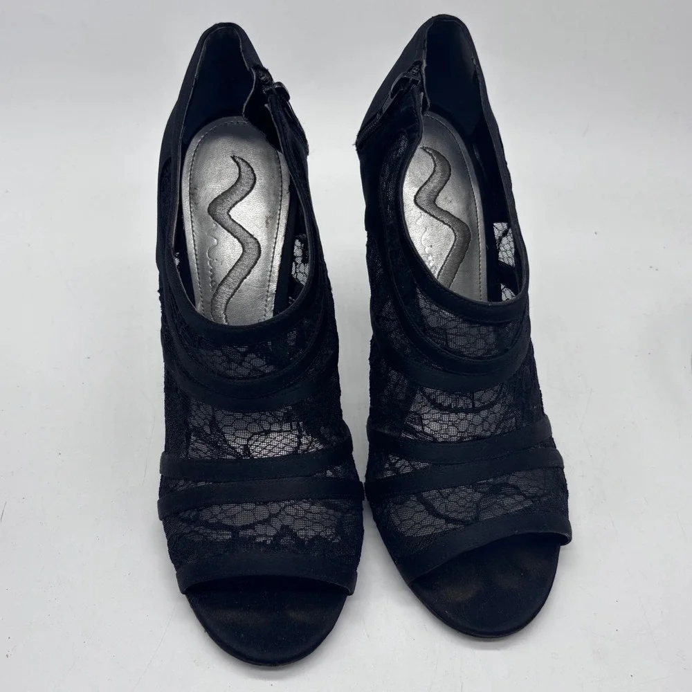 Nina Lace Peep Toe Booties Women 7.5 Black Elegant Side Zip